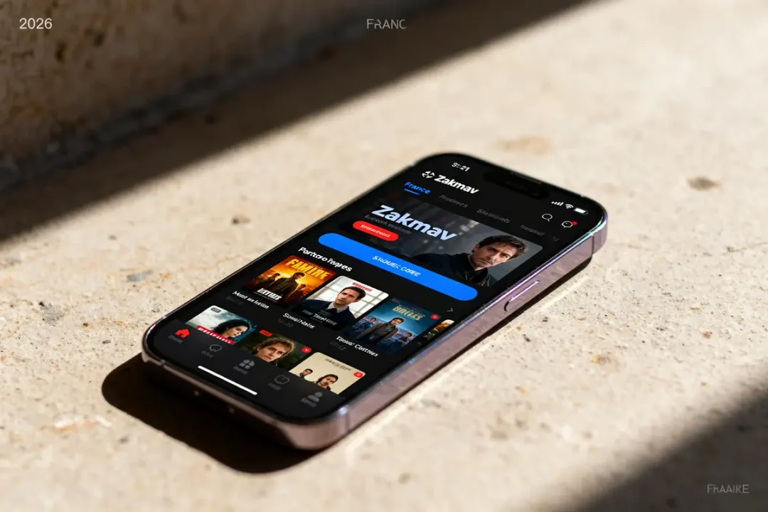 Smartphone affichant l'application de streaming Zakmav avec interface utilisateur en plein écran lumineux