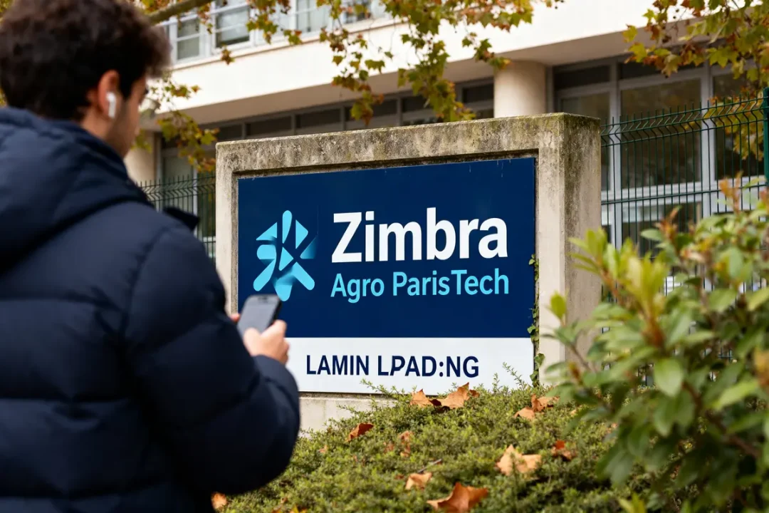 Personne regardant le panneau Zimbra AgroParisTech devant un bâtiment entouré de verdure