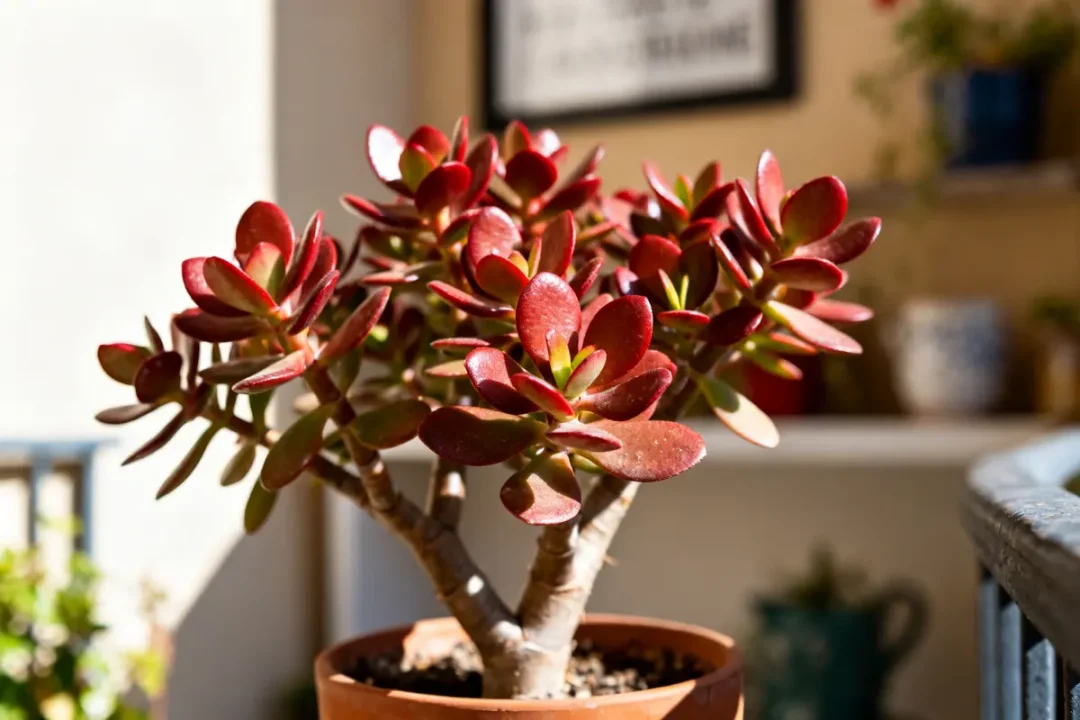 Arbre de jade en intérieur, pot terre cuite, feuilles rouges, lumière du jour.