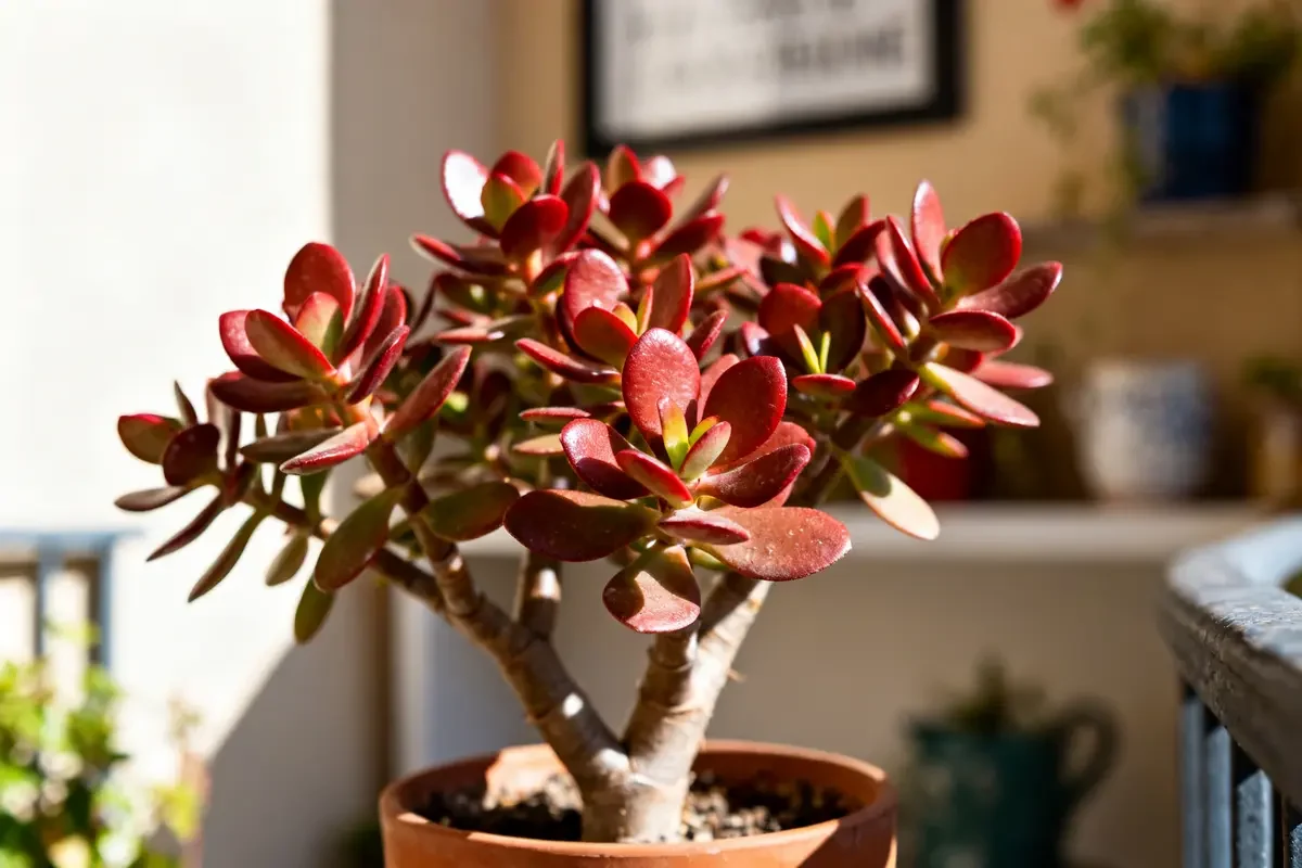 Arbre de jade en intérieur, pot terre cuite, feuilles rouges, lumière du jour.