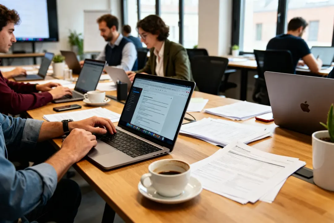 Personnes travaillant ensemble sur ordinateurs portables pour blog business B2BToday dans un bureau partagé