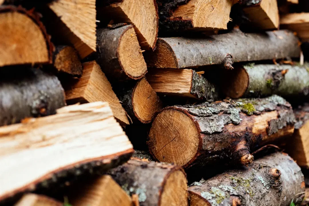 Bûches empilées en gros plan bois de chauffage à 50 euros le stère abordable