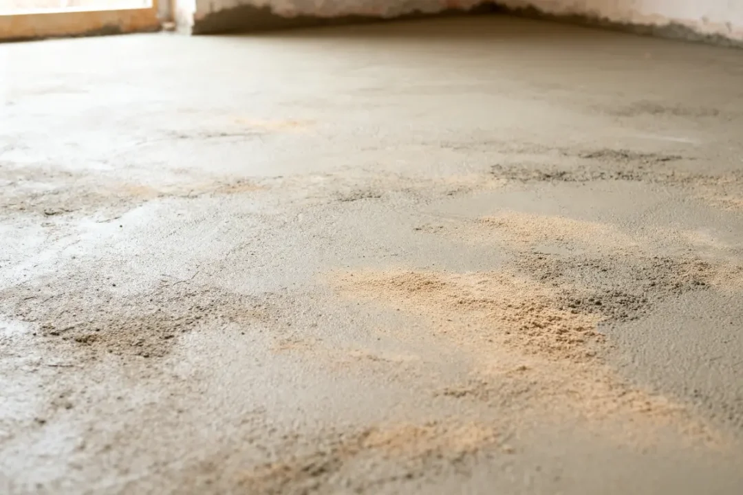 Sol en béton frais illustrant l'application d'une chape maigre dans une pièce en construction