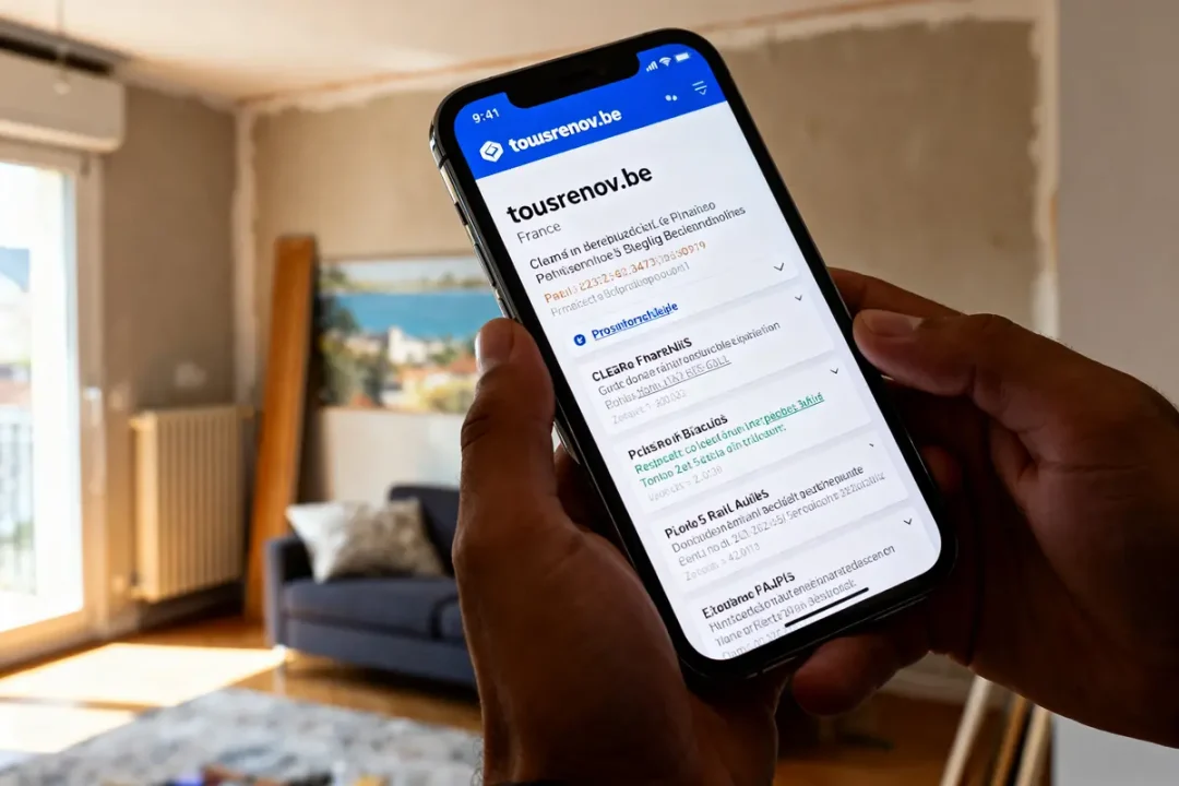 Personne tenant un smartphone affichant un devis de rénovation tousrenov.be dans un salon rénové