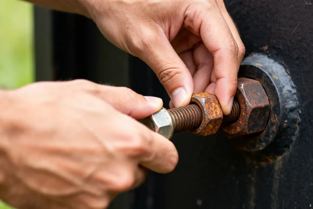 Mains dévissant un écrou rouillé sur un boulon métallique fixé à une structure noire