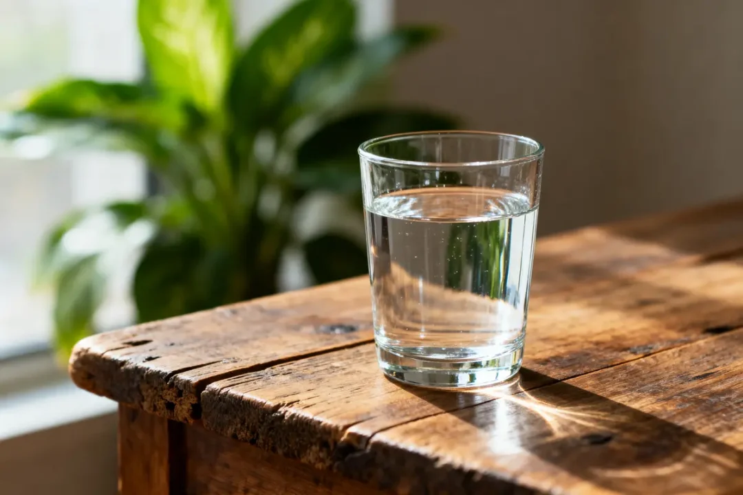 Verre d'eau alcaline sur table en bois, plante verte en arrière-plan lumineux