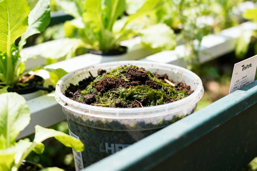 Pot d'engrais hydroponique maison placé dans un jardin avec des plantes vertes vivantes