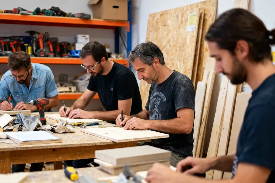 Personnes travaillant le bois lors d'une formation bricolage institutdubricolage en atelier de menuiserie