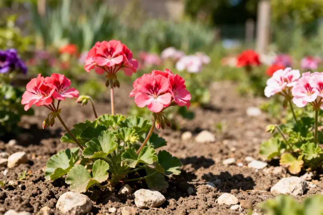 Géraniums rouges et roses en fleurs dans un jardin ensoleillé avec terre et pierres