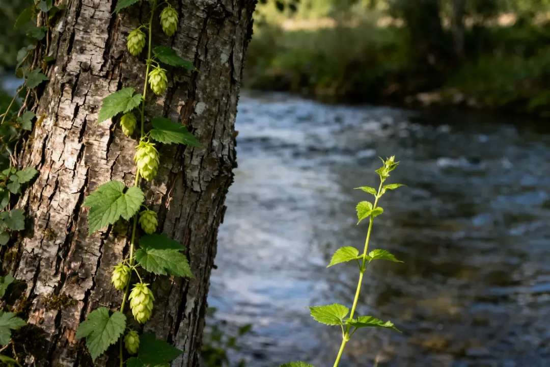 Houblon sauvage grimpant sur un arbre près d'une rivière en pleine nature verdoyante