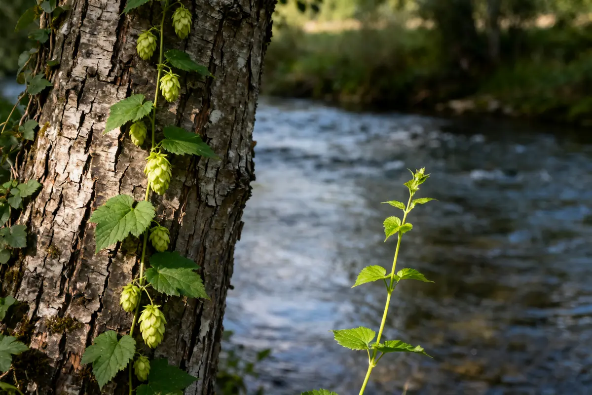 Houblon sauvage grimpant sur un arbre près d'une rivière en pleine nature verdoyante