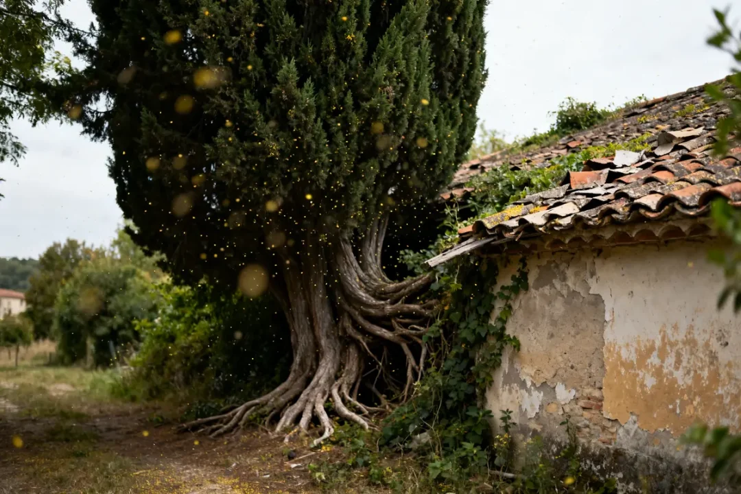 Cyprès envahissant près d'une maison avec pollen, explorant les inconvénients du cyprès en jardinage