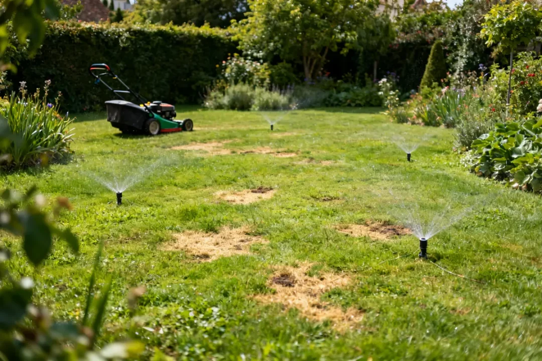 Pelouse anglaise abîmée avec arrosage automatique indiquant les inconvénients du gazon anglais.