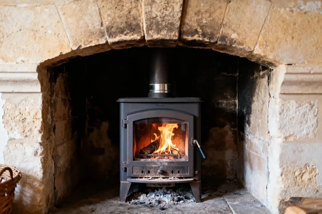 Insert dans cheminée ancienne avec feu vif, pierres apparentes et panier en osier à côté
