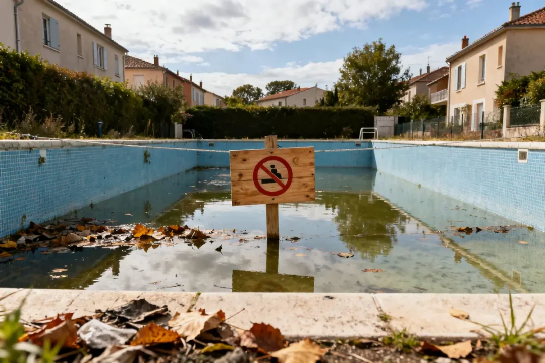Piscine vide avec panneau d'interdiction de piscine au sel et feuilles mortes visibles