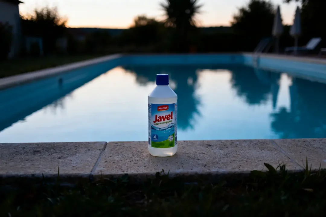 Bouteille de javel pour piscine posée devant une piscine au crépuscule
