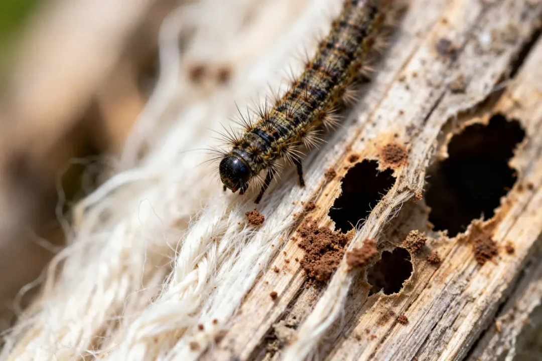 Larve d'anthrène sur branche de bois rongée par de petits trous et poussières