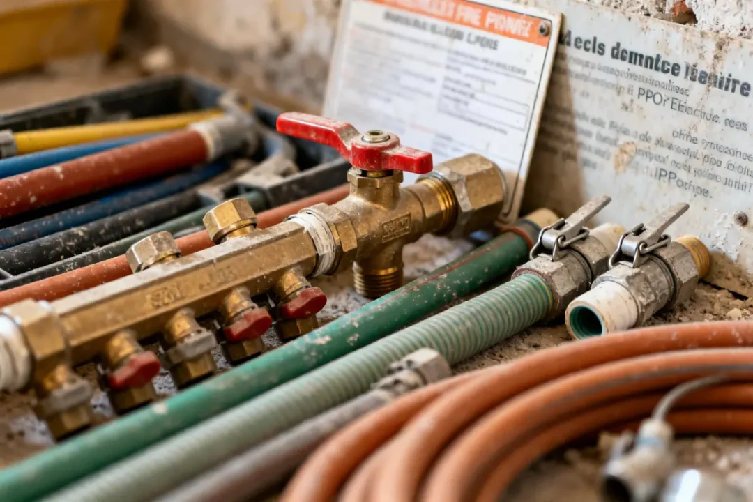 Vannes et tuyaux en cuivre dans le kit du plombier sur un chantier
