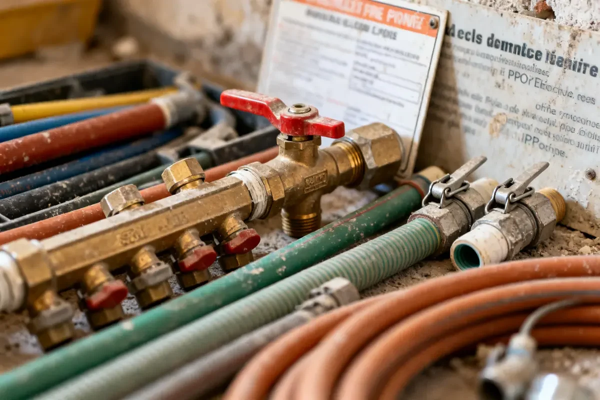 Vannes et tuyaux en cuivre dans le kit du plombier sur un chantier