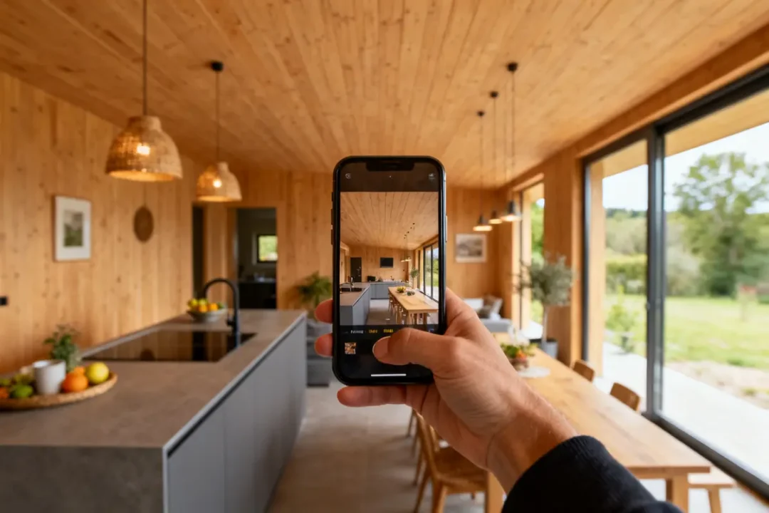 Cuisine moderne d'une maison clé en main en bois avec vue sur jardin verdoyant