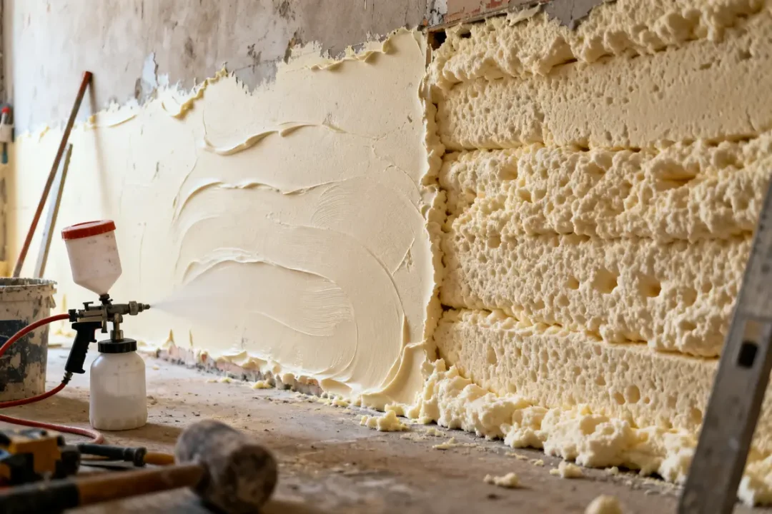 Application de mousse polyuréthane projetée sur un mur pour isolation thermique optimale