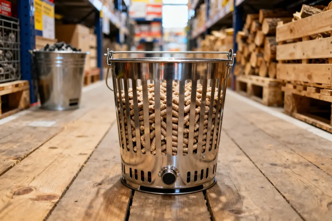 Panier à pellet pour insert Brico Dépôt en métal sur plancher en magasin de bricolage