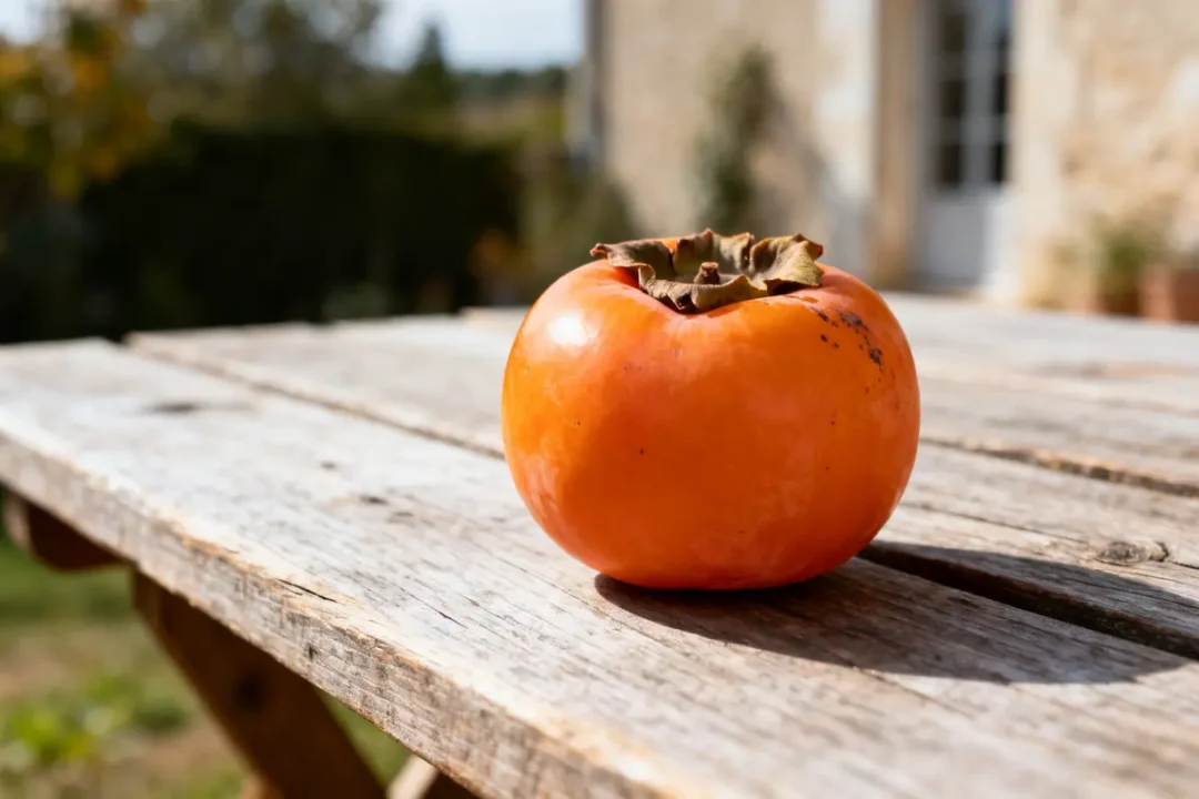 Persimmon orange posé sur une table en bois à l'extérieur ensoleillé