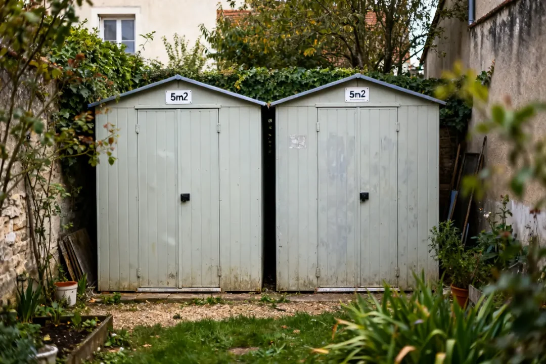 Deux abris de jardin de 5m2 placés côte à côte derrière une maison