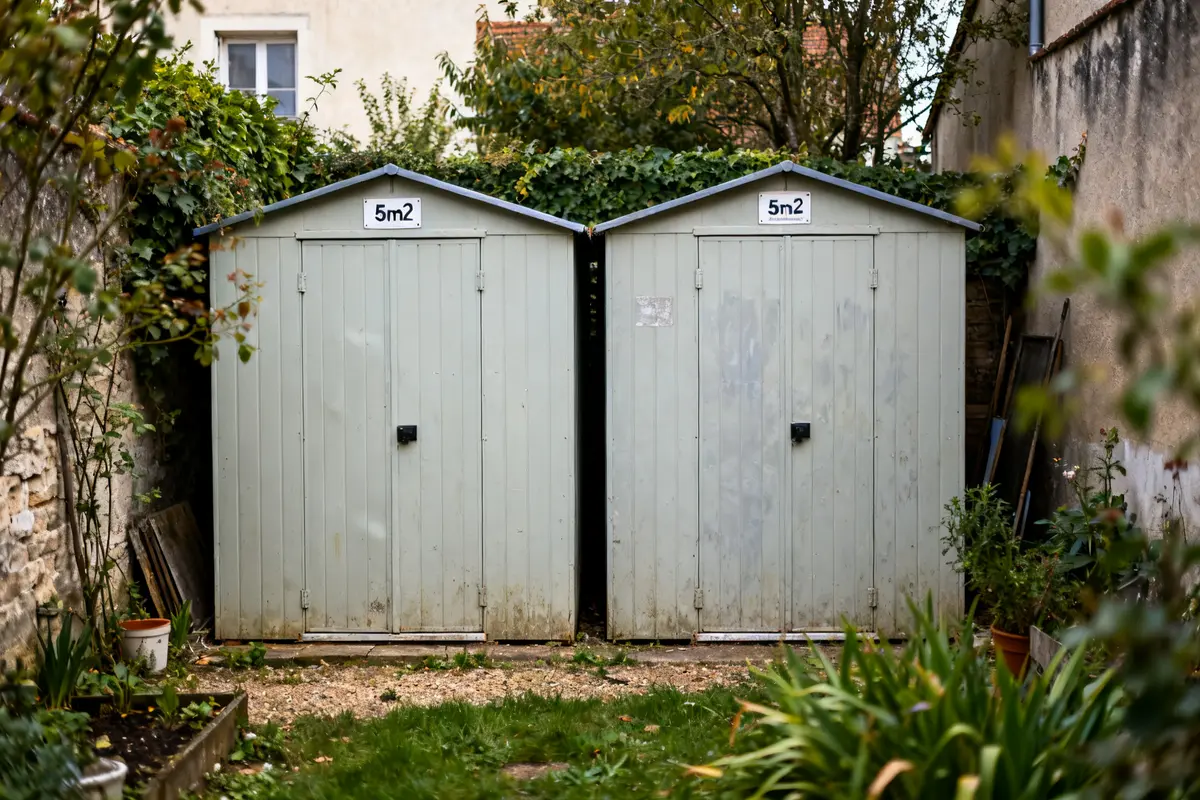Deux abris de jardin de 5m2 placés côte à côte derrière une maison