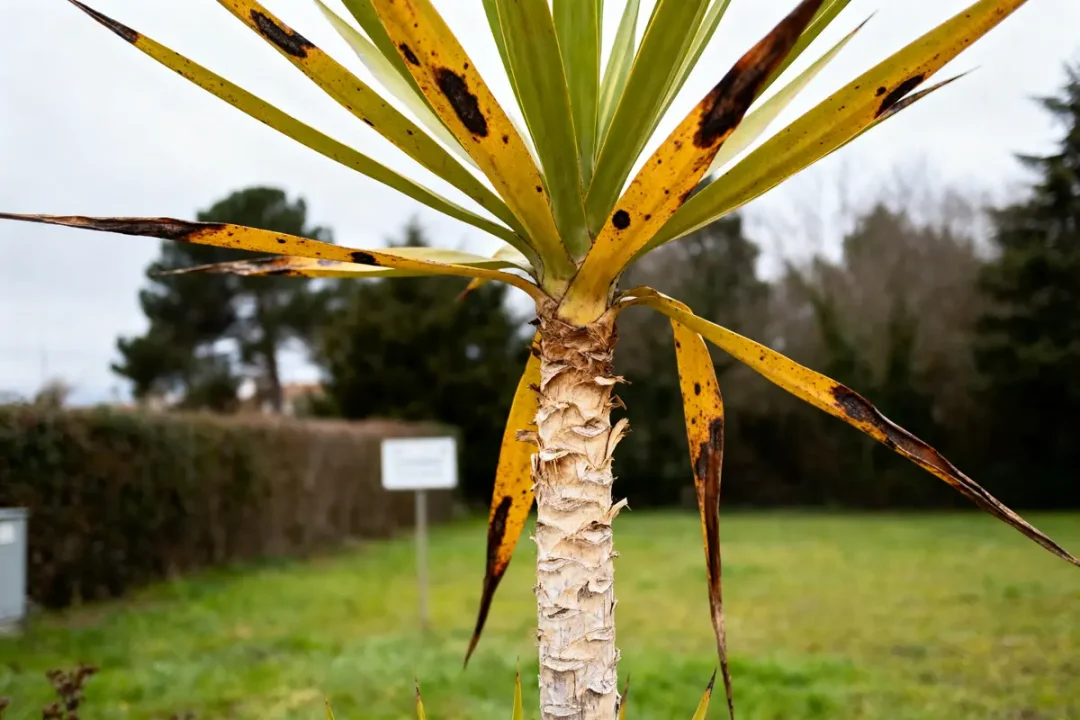 Feuilles de yucca jaunies et tachées, photo de yucca malade en extérieur jardin.