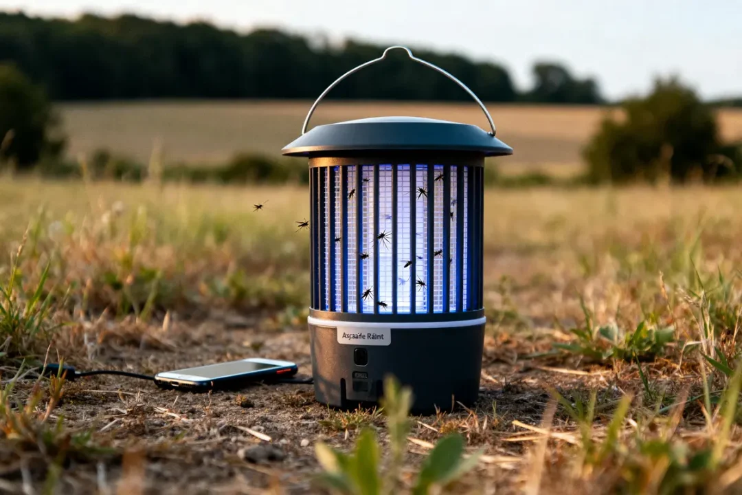 Piège à moustique d'Alexandre Réant illuminé dans un champ avec insectes et smartphone nearby