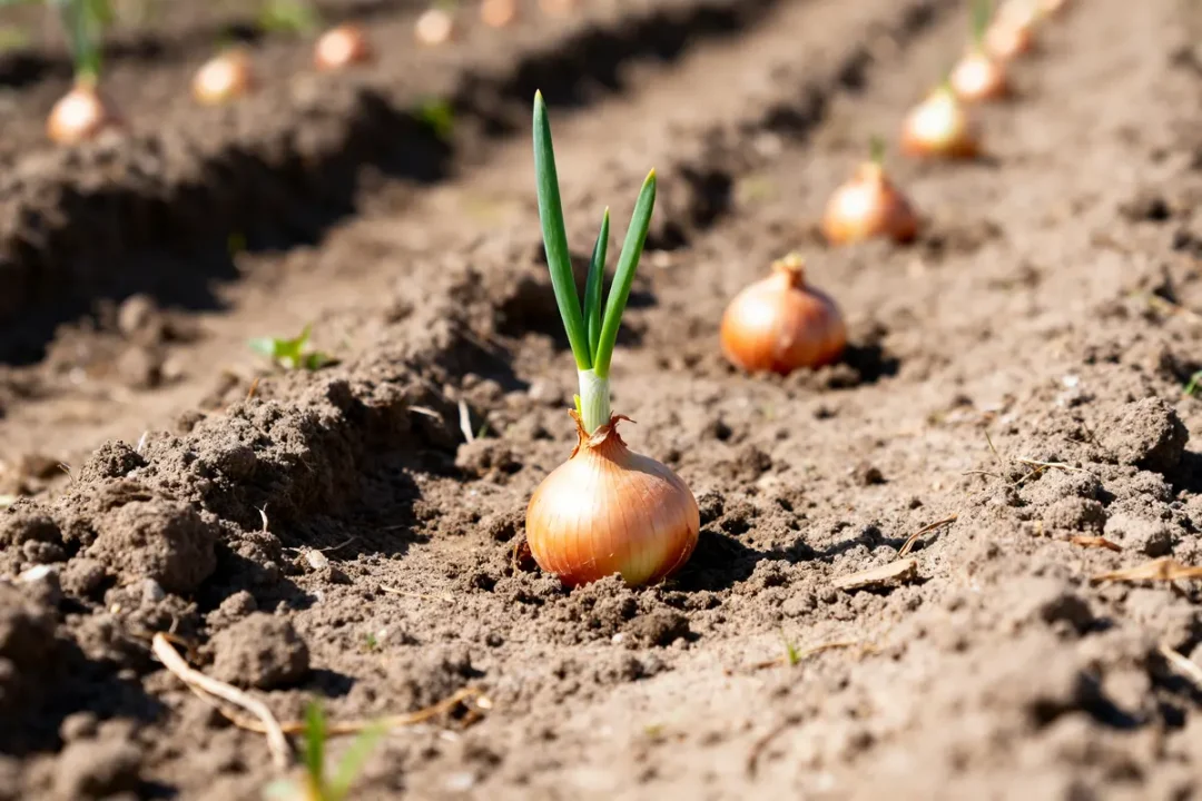 Ligne d'oignons plantés dans le sol fertile, méthode pour planter un oignon germé efficacement