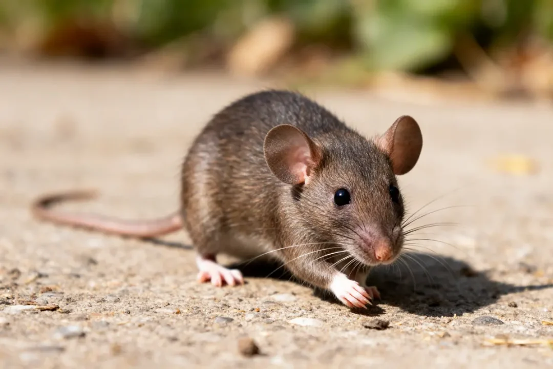 Rat dumbo brun marchant sur sol ensoleillé avec arrière-plan flou