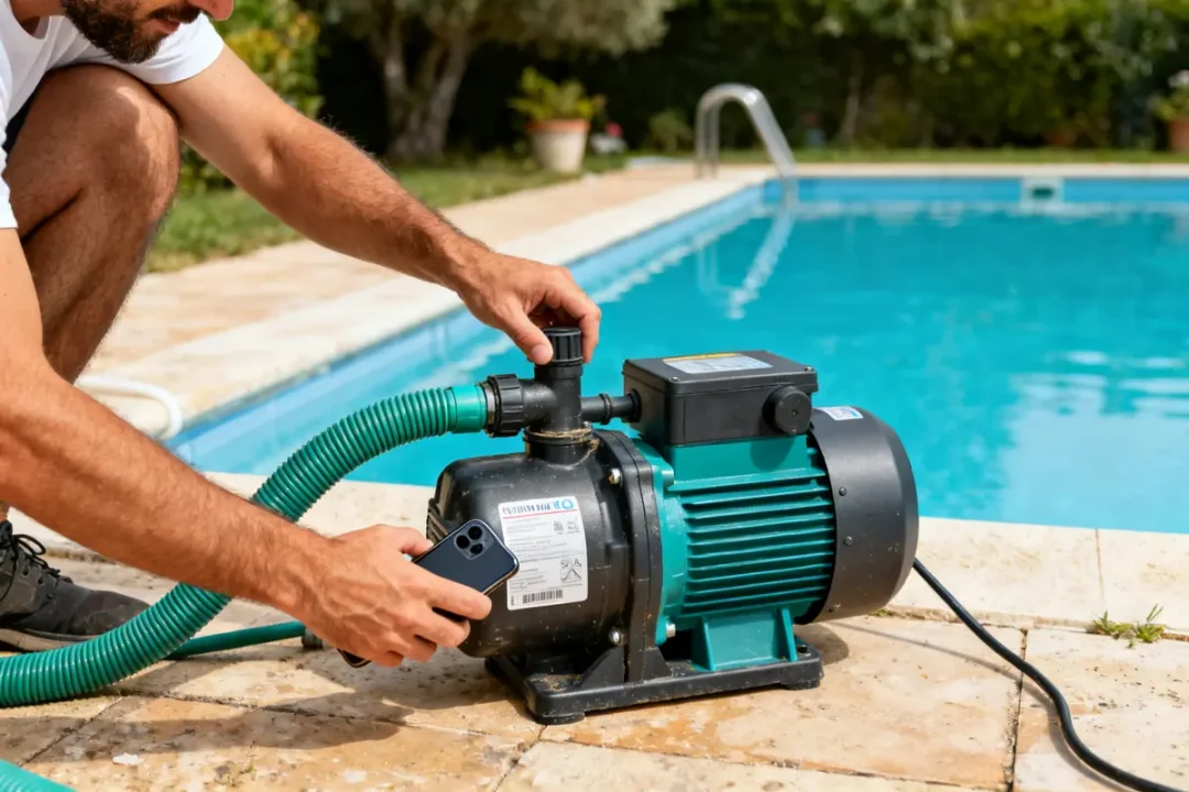 Un homme réamorce la pompe de piscine près d'une piscine en utilisant un téléphone.