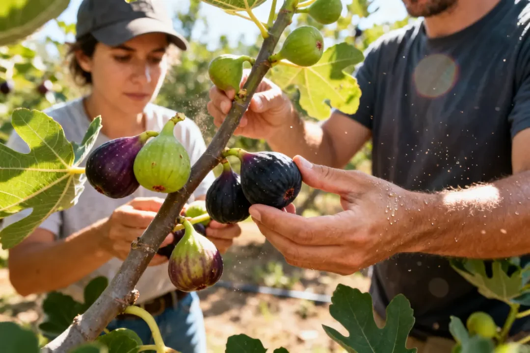 Deux personnes occupées à la récolte des figues mûres sur un arbre ensoleillé