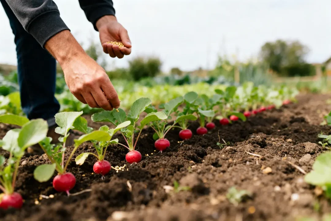 Jardinier en train de semer des radis dans un potager bien organisé