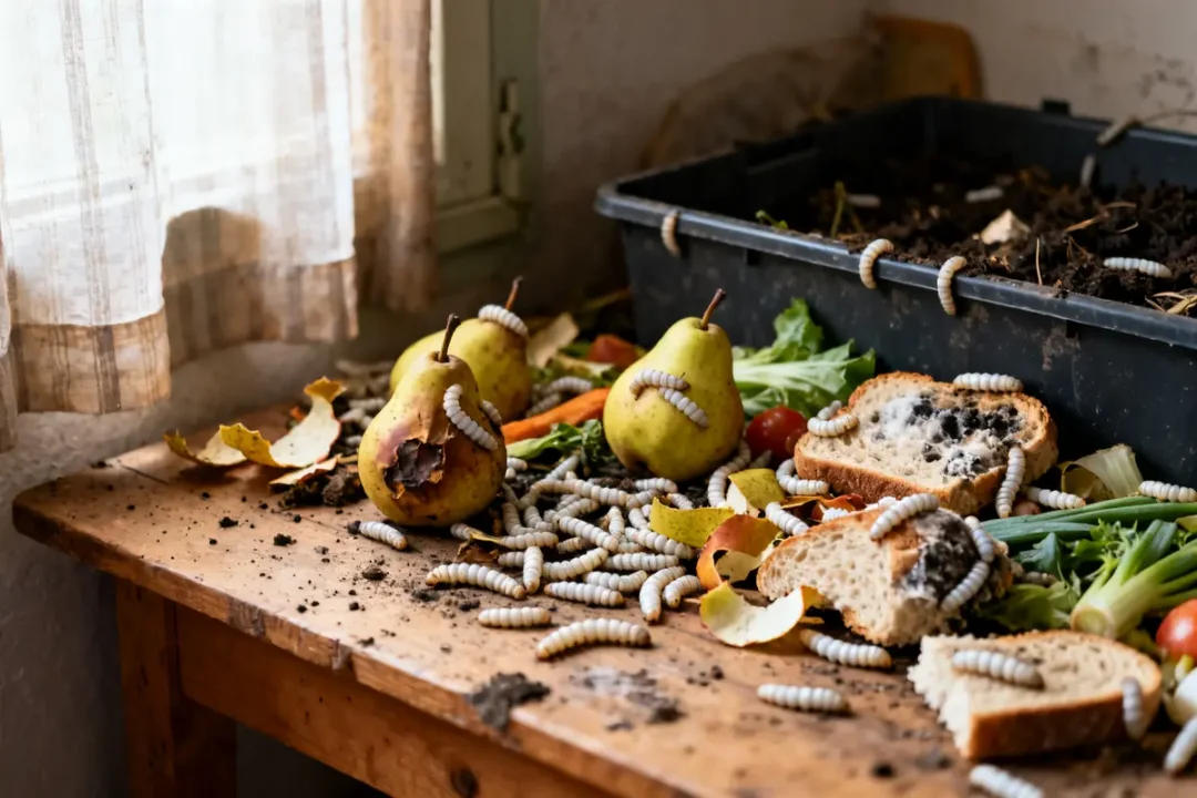 Table en bois avec fruits pourris et asticots signification d'asticot dans la maison évidence