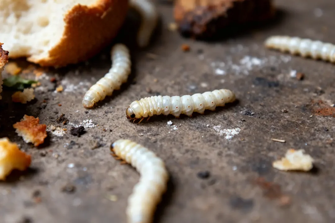 Des vers blancs dans la maison près de miettes de pain sur le sol sale