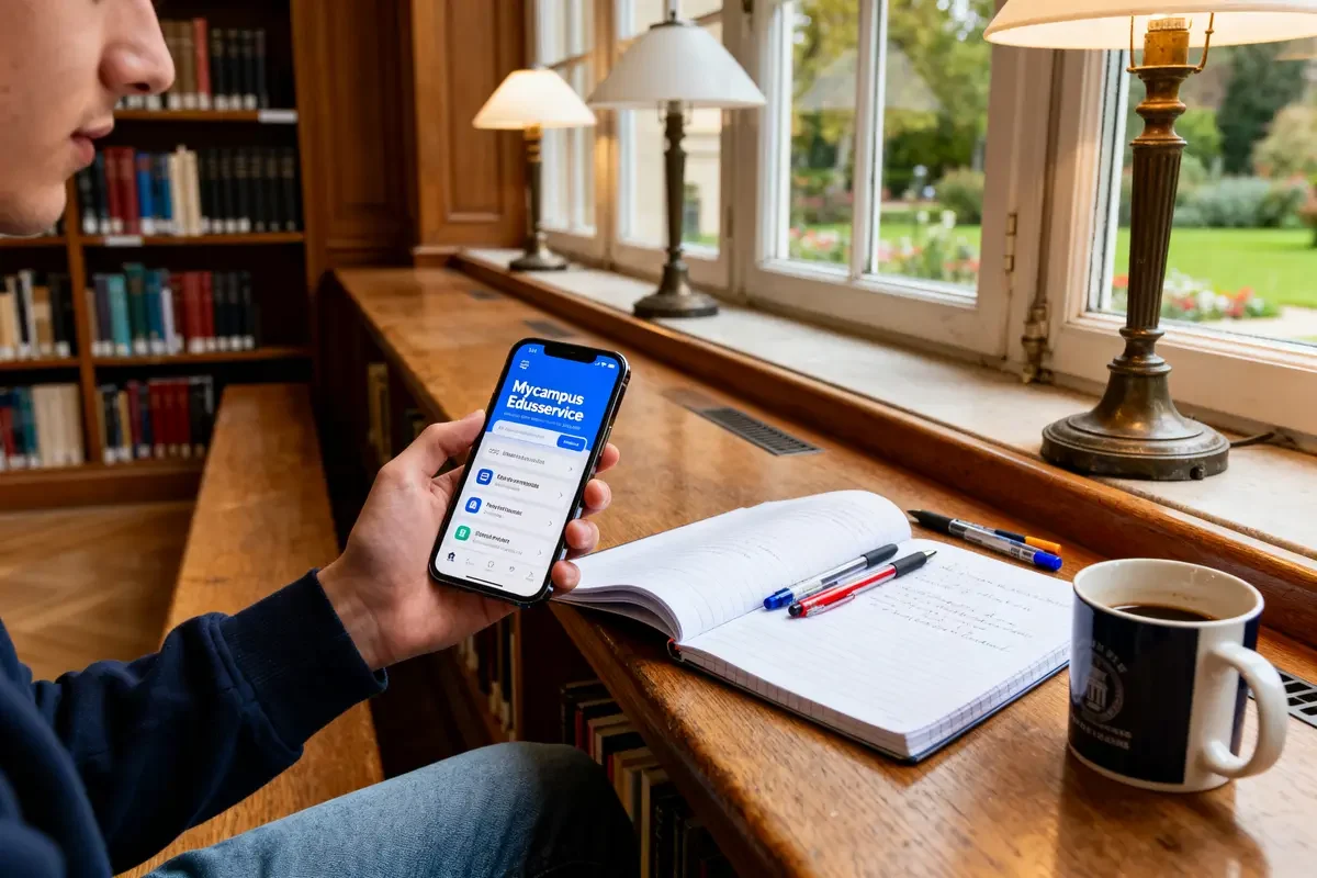 Personne utilisant l'appli MyCampus Eduservice à la bibliothèque avec cahier et café sur table