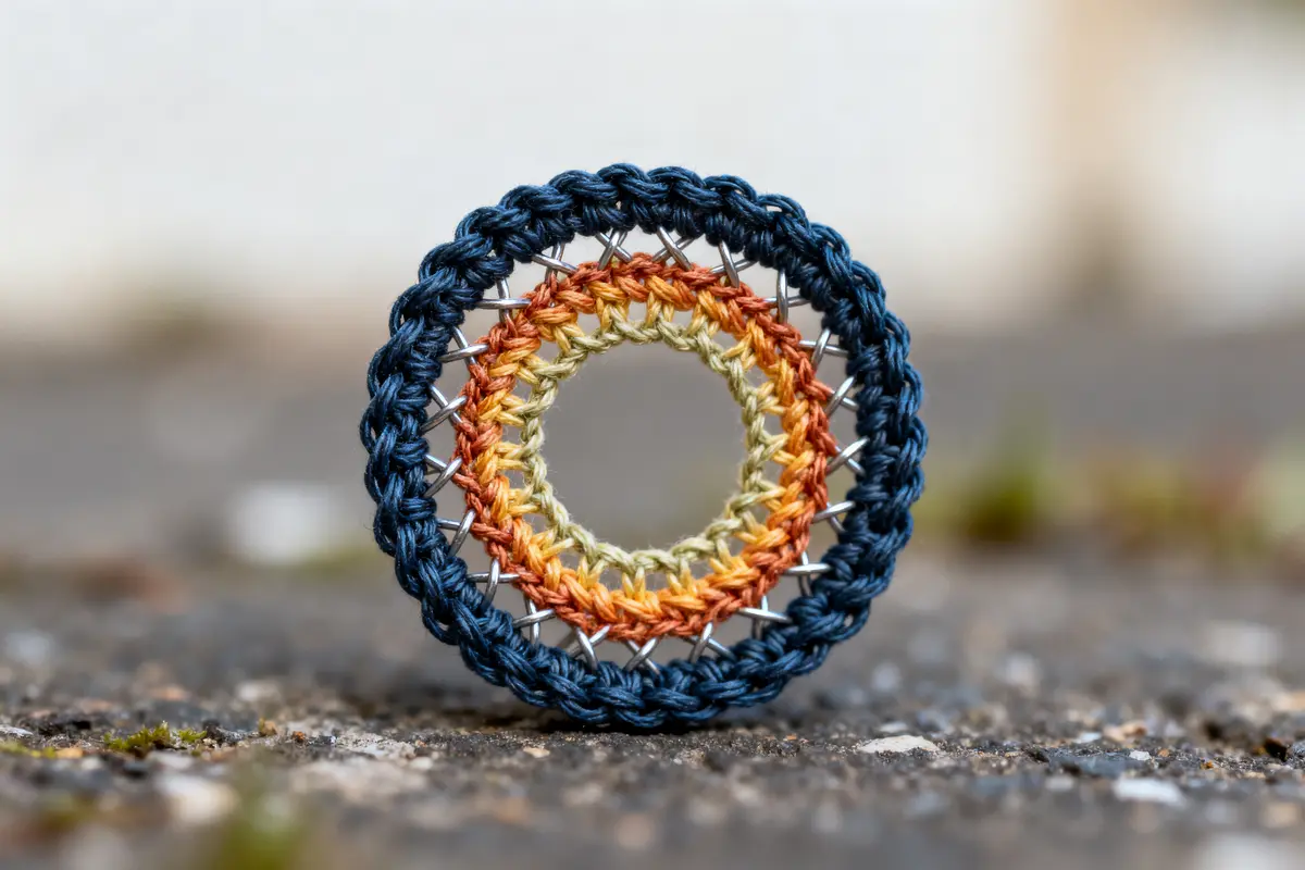 Anneau crochet multicolore avec bordure bleue posé sur sol flou. Fond neutre en extérieur.