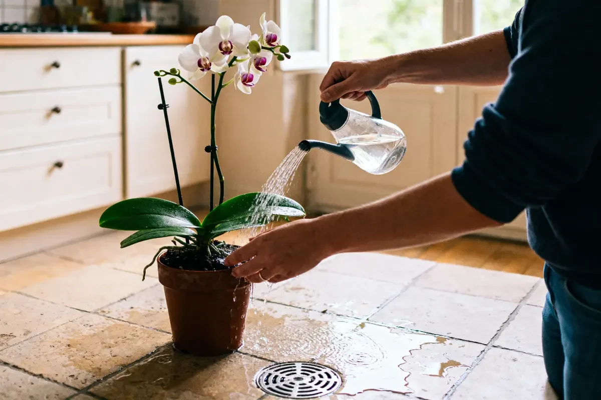 Personne versant de l'eau sur une orchidée en pot sur une table de cuisine