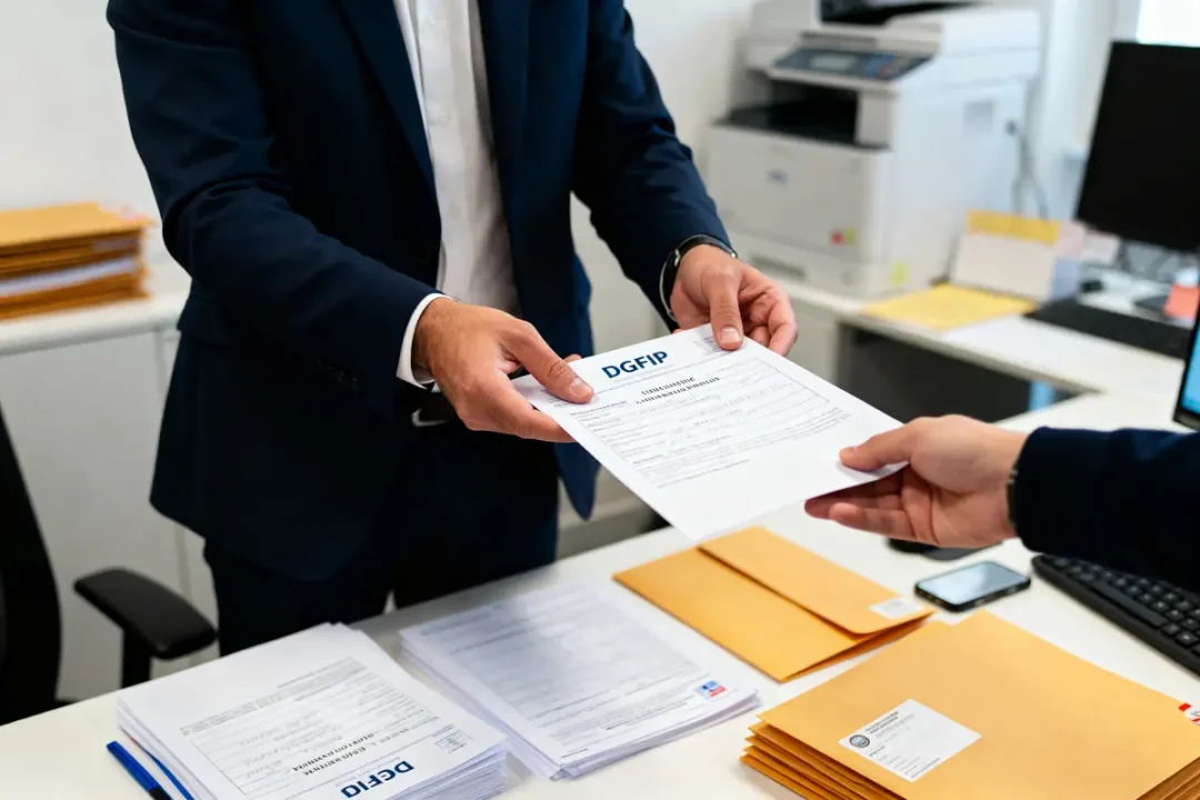 Personne transmettant un document officiel marqué "DGFIP" dans un bureau avec divers dossiers.