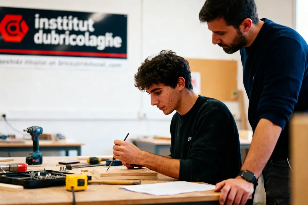 Un étudiant travaille le bois sous la supervision d'un instructeur dans un atelier.