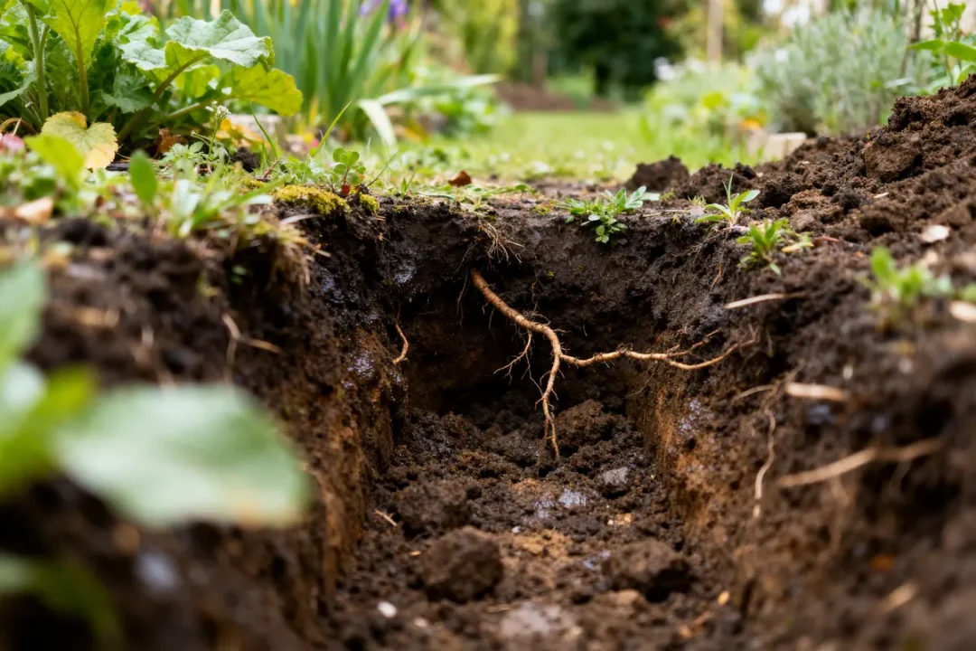 Fossé de jardin montrant racines et densité de la terre végétale exposée