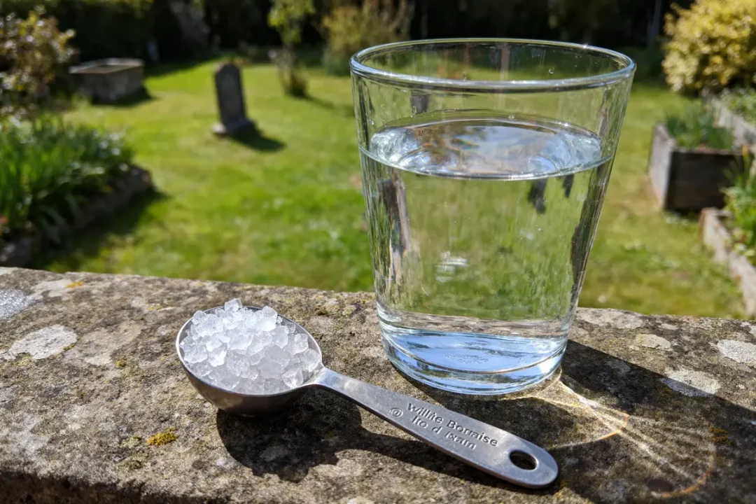 Verre d'eau et cuillère avec cristaux de sel, posés sur un muret en extérieur verdoyant.