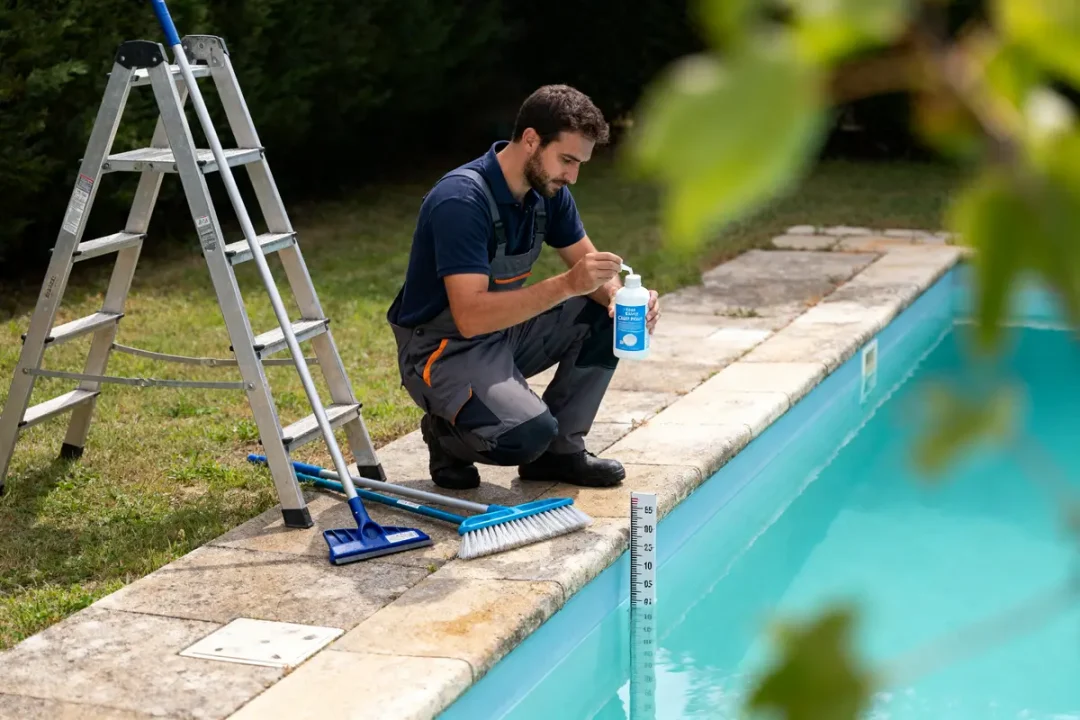 Un homme teste l'eau de la piscine avec un flacon, à côté d'un escabeau et de brosses.