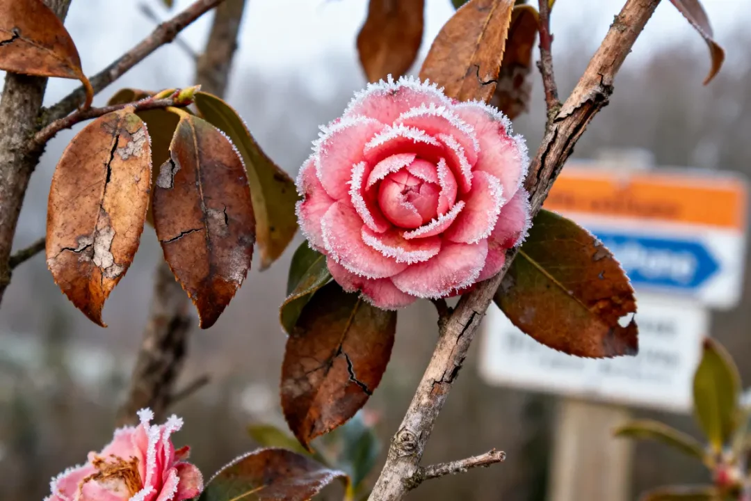 Fleur de camélia rose givrée sur une branche avec feuilles sèches craquelées, arrière-plan flou.