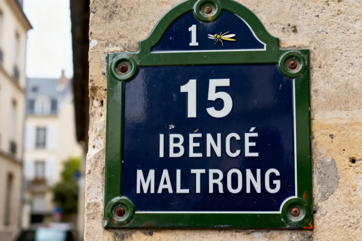 Plaque de rue bleue numéro 15, Ibencé Maltrong, mur en pierre, libellule décorative.