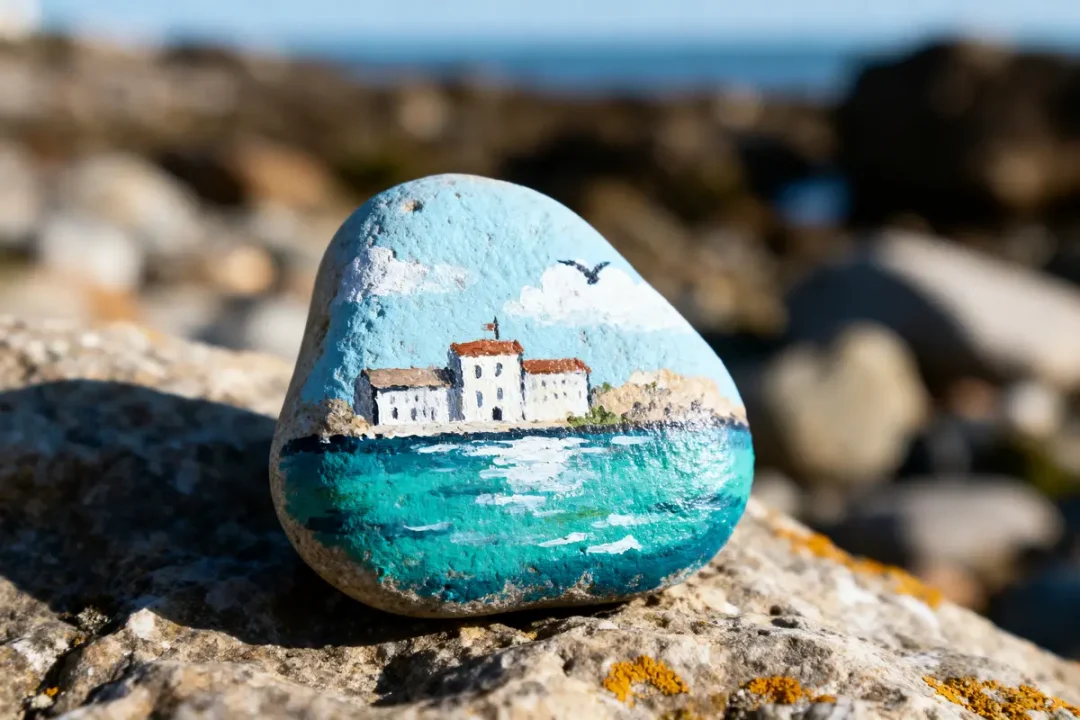 Pierre peinte représentant un paysage côtier, avec maisons blanches sous ciel bleu et mer turquoise.