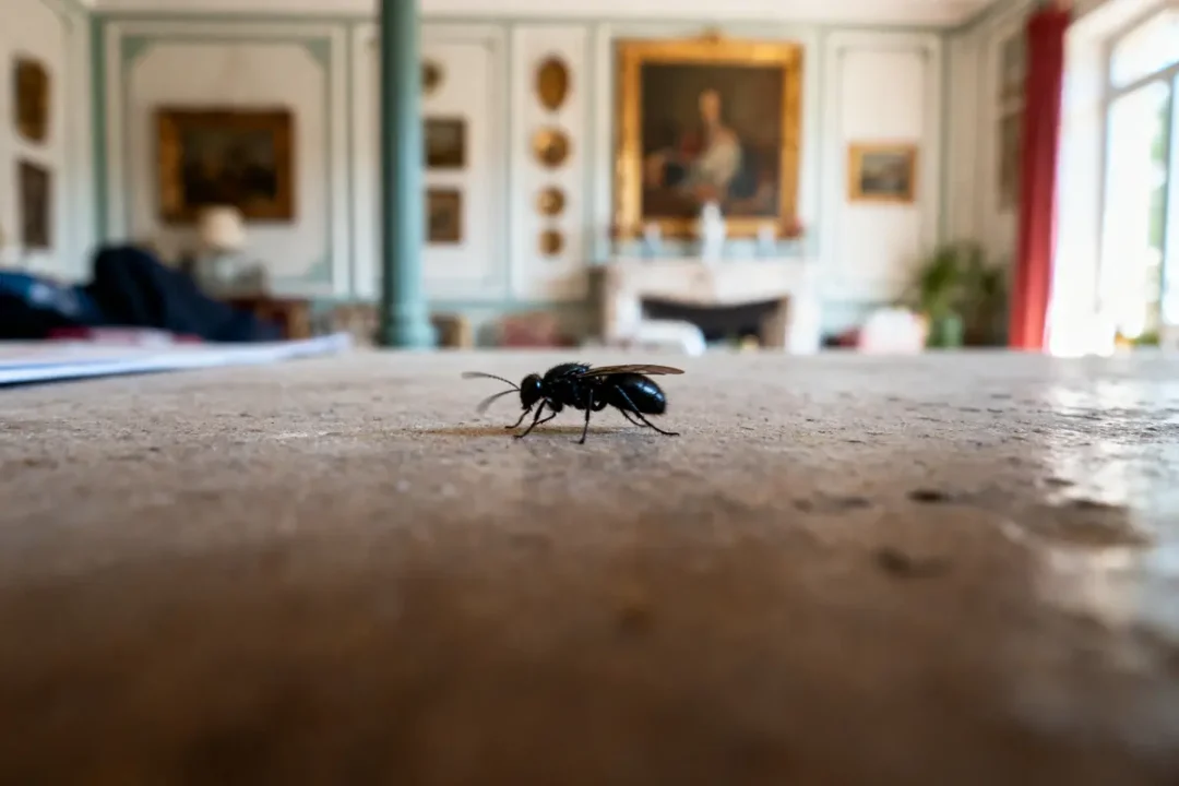 Une guêpe noire posée sur une table en bois, intérieur élégant d'une maison.